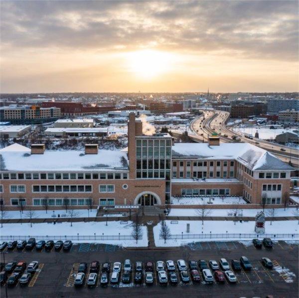 Photo taken by drone of Seidman Center's main entrance and exterior